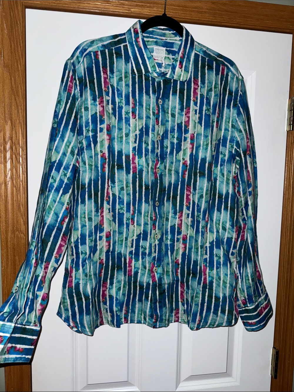 NWT 120% Lino Men's Blue Teal Striped Floral Linen Slim Button-Down Shirt XL